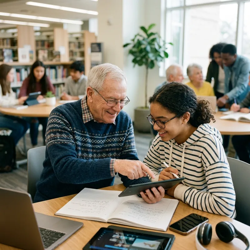 An older man and a teenage girl sitting together in a library, looking at a tablet and a shared notebook.