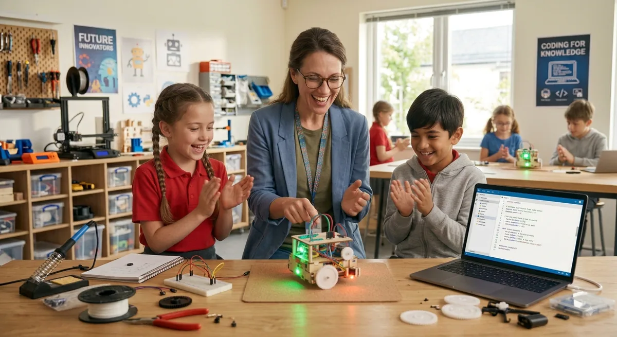 A teacher and two children laughing as a small robot they built lights up on the workbench.