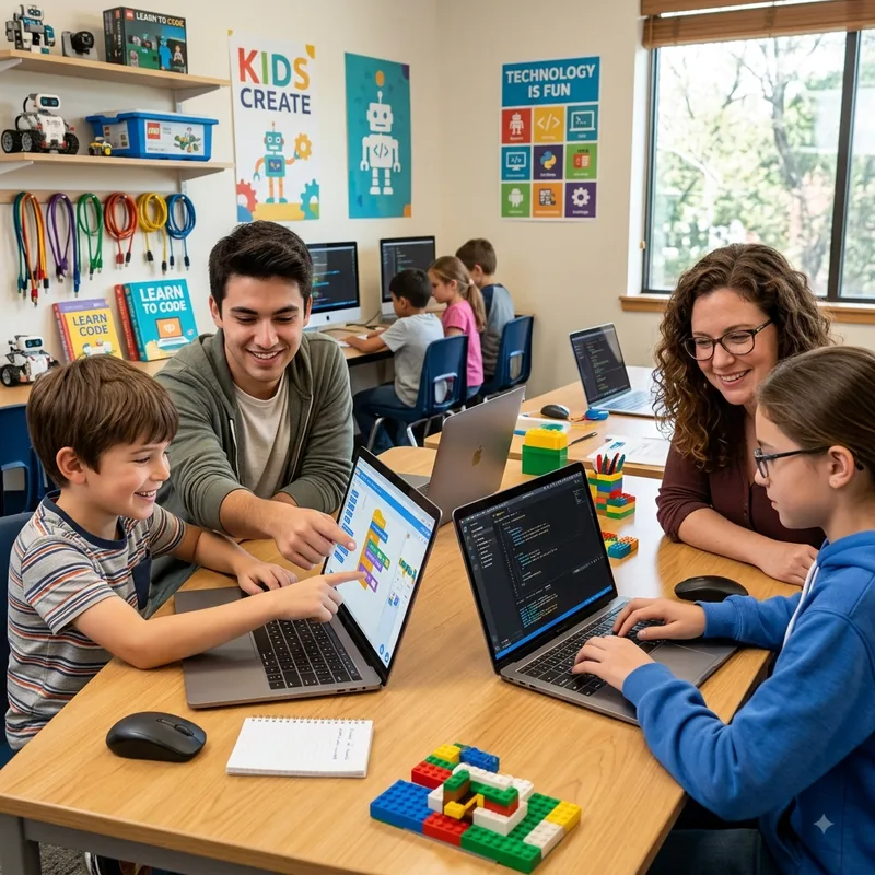 Two instructors helping children write their first code on laptops, with Lego bricks on the table.