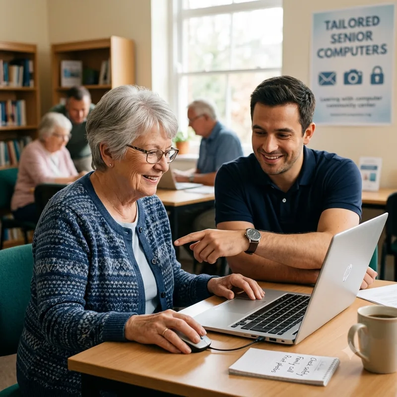 An instructor sitting beside an older woman, pointing at something on her laptop screen during a lesson.